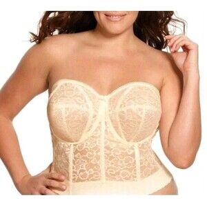 Vtg Goddess Bustier Bra 42DD 0689 White Lace Longline Strapless Bridal Boned
